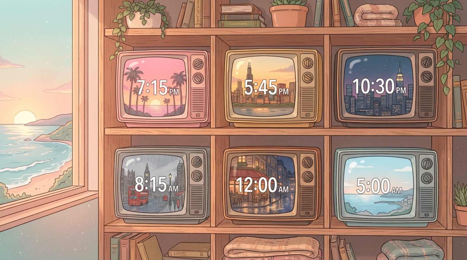 Six Pacific Drift clock radio stations — six cities, six time zones on a wall of vintage TVs